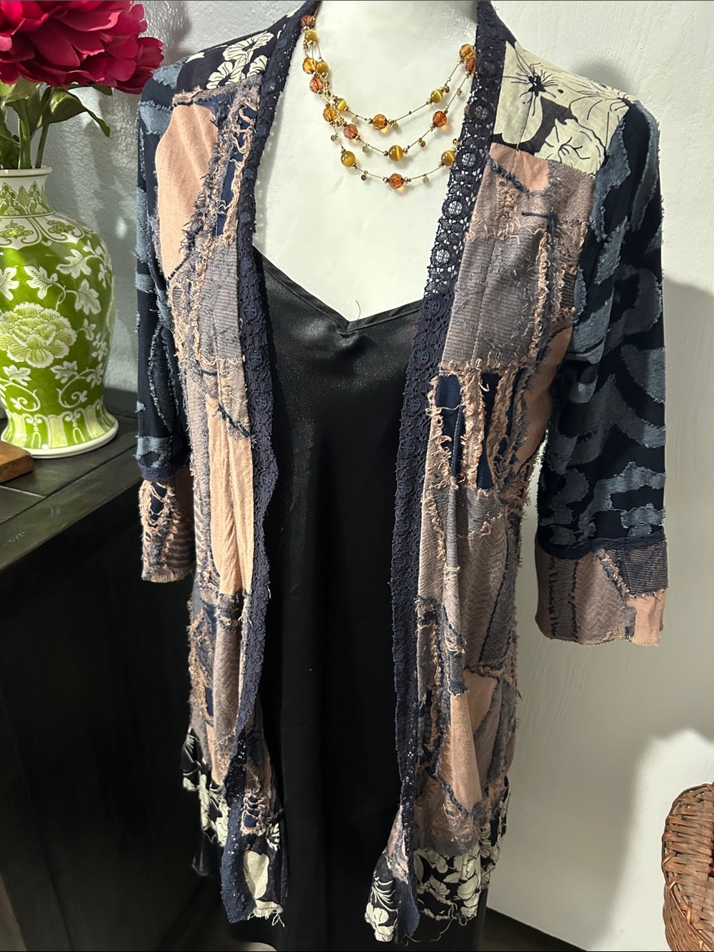 gimmicks by BKE Patchwork Open Front duster - Navy & Blush